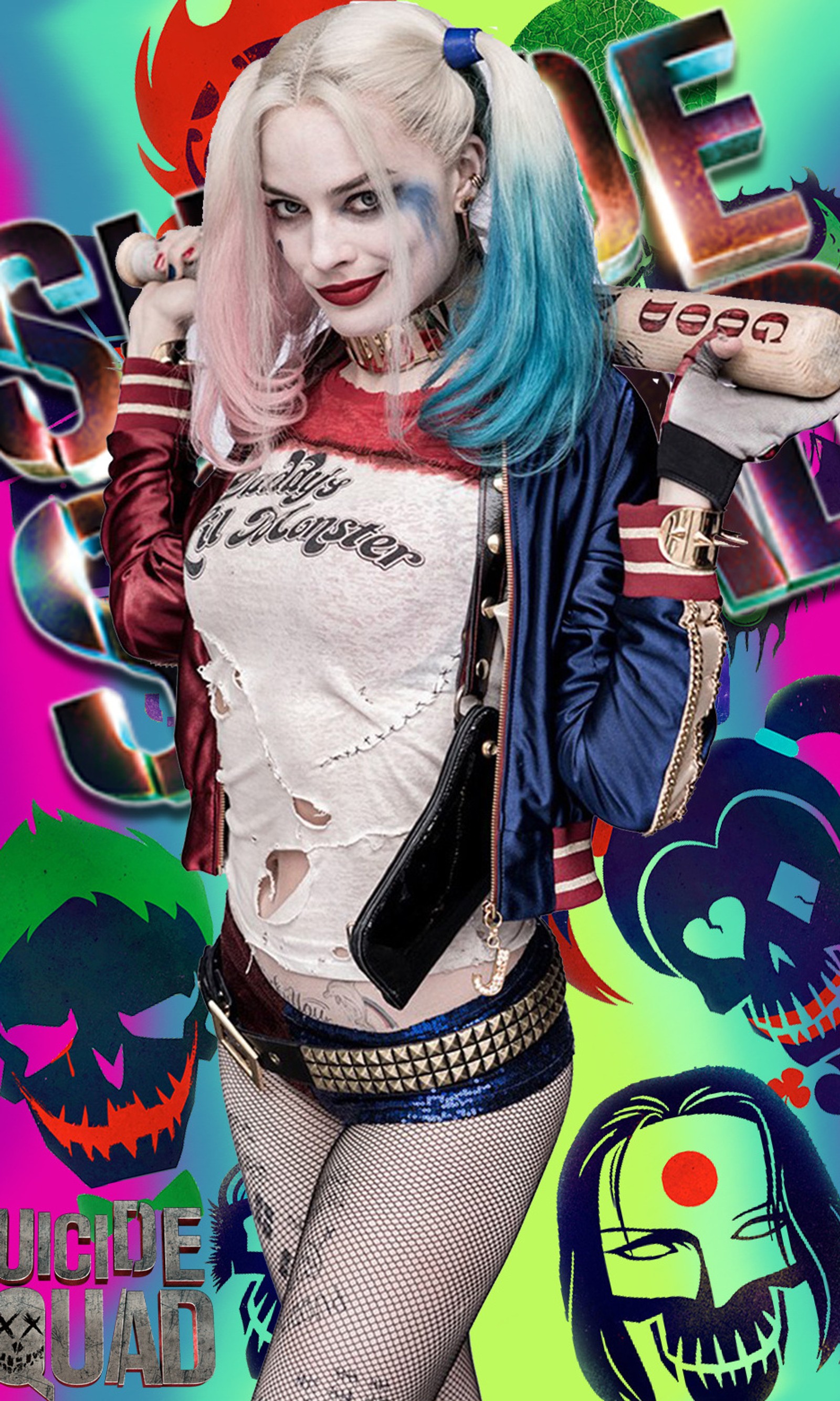 Descargar fondo de pantalla divertido, niña, harley quinn, suicide squad, pared