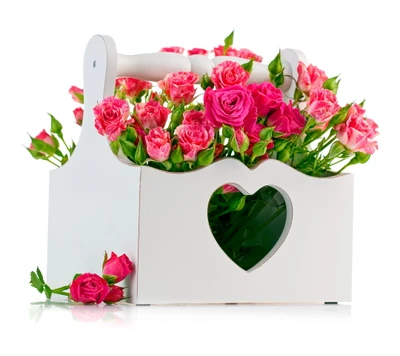 Charming Pink Roses in a Heart-Embellished Wooden Basket