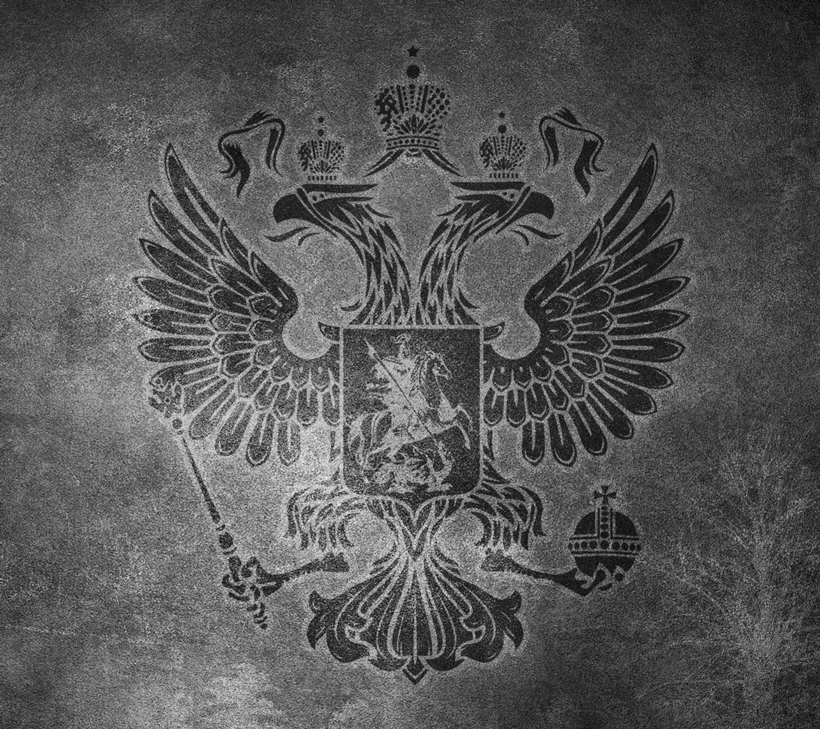 A black and white photo of a double headed eagle with a sword (eagle, logo)