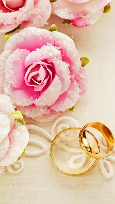 Anillos de oro románticos rodeados de rosas rosas