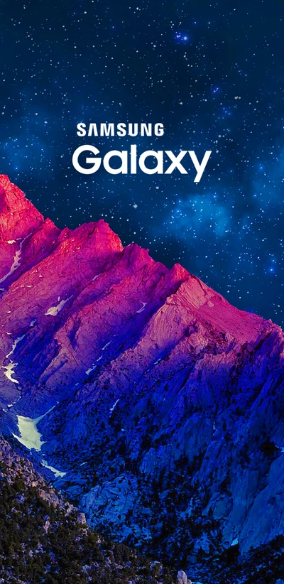 Paysage de montagne vibrant sous un ciel étoilé avec le branding Samsung Galaxy