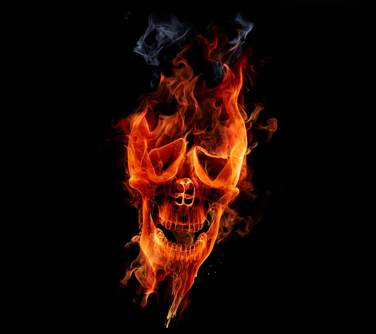 Flames and smoke are rising from a skull's face (2012, design, graphics, hd skull)