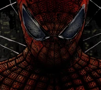 Close-Up of Spider-Man: Iconic Mask and Intense Gaze Against a Cityscape