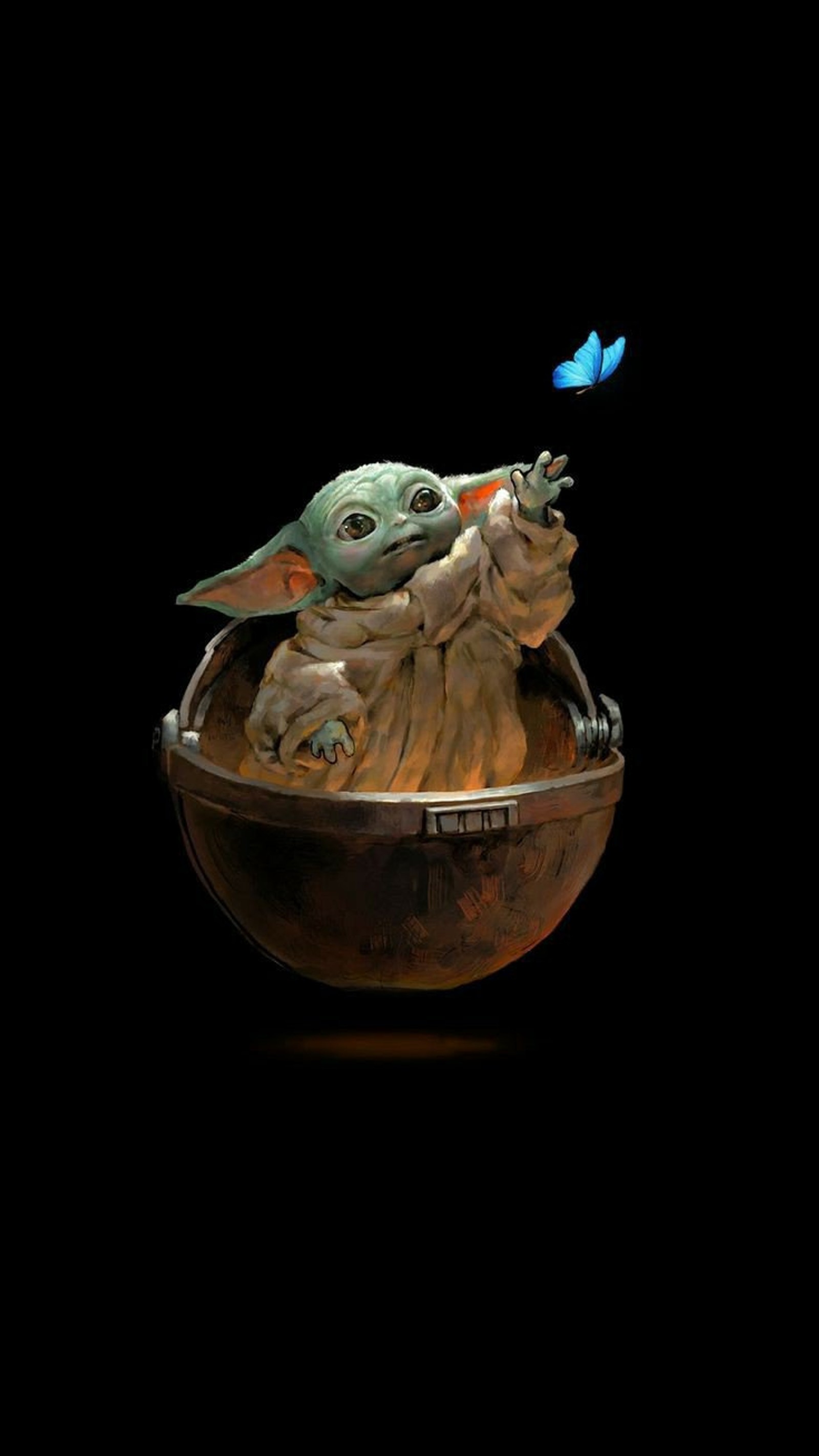 Bebé yoda y mariposa en un tazón con fondo negro (bebé yoda, baby yoda, mariposa, disney, star wars)