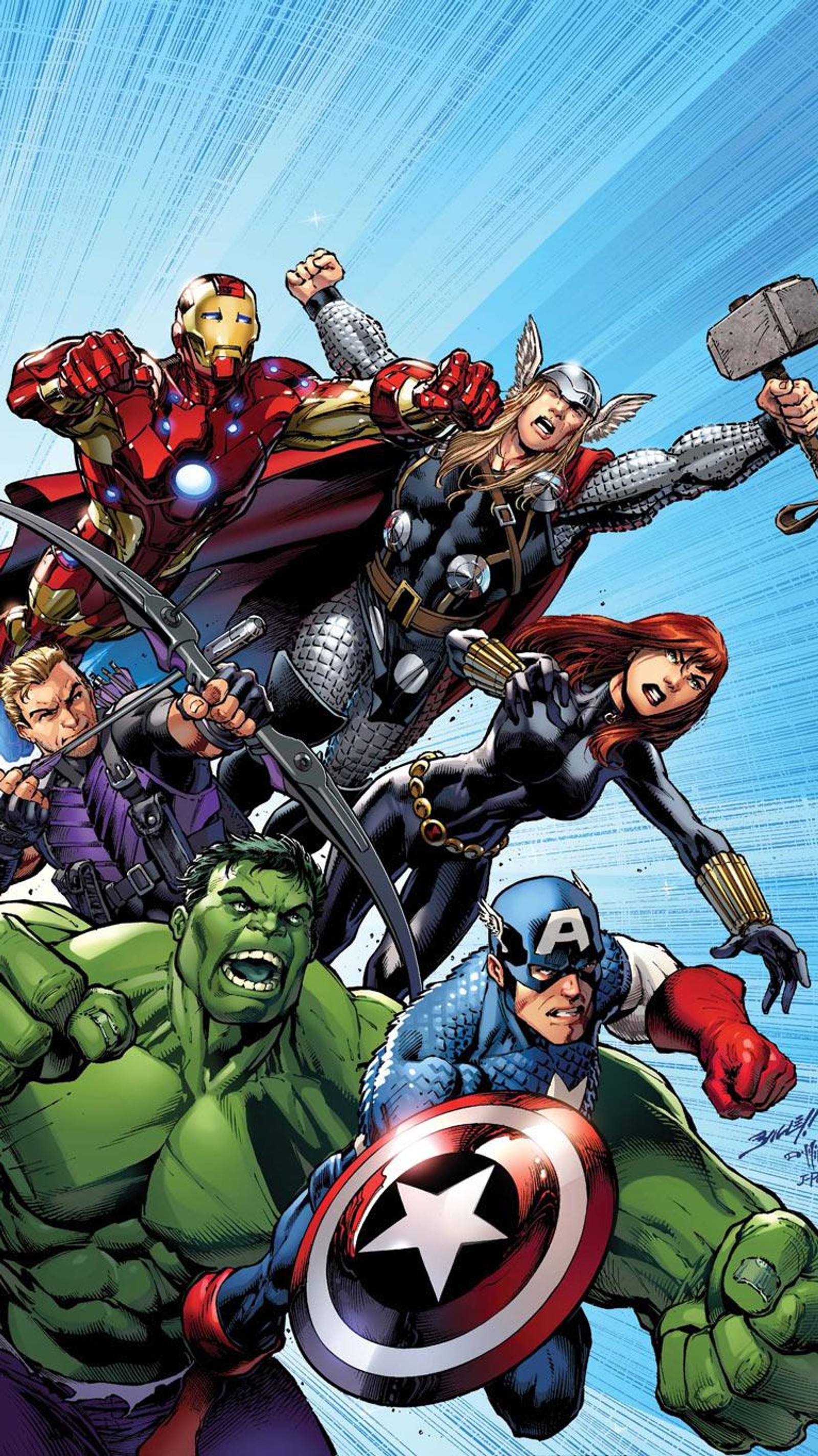 Los vengadores se reúnen, los vengadores en un grupo de diferentes poses. (viuda negra, black widow, hawkeye, hulk)