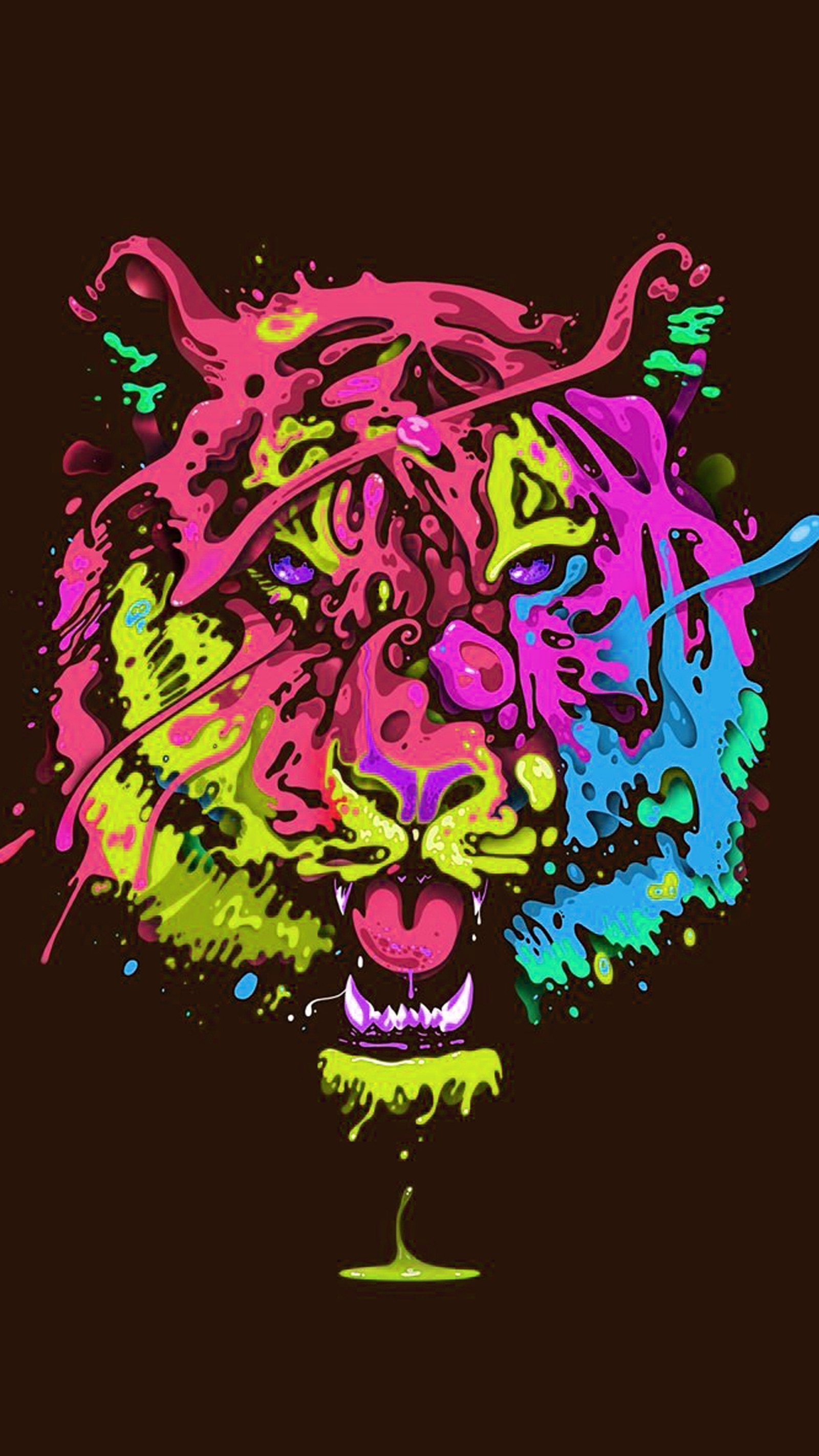 Un primer plano de un tigre con una cara colorida sobre un fondo negro (arte, color, colorido, tigre)