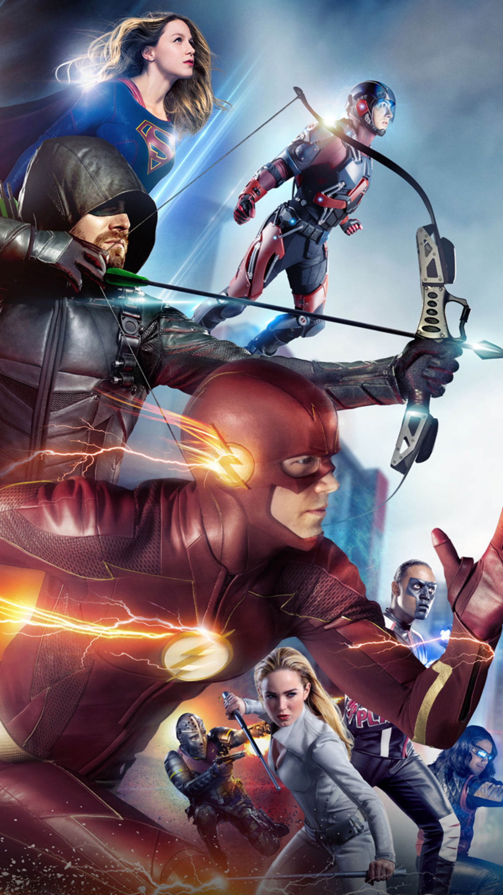 A close up of a bunch of superheros with arrows and arrows (arrowverse, crisis on earth x, arrow, the flash, supergirl)