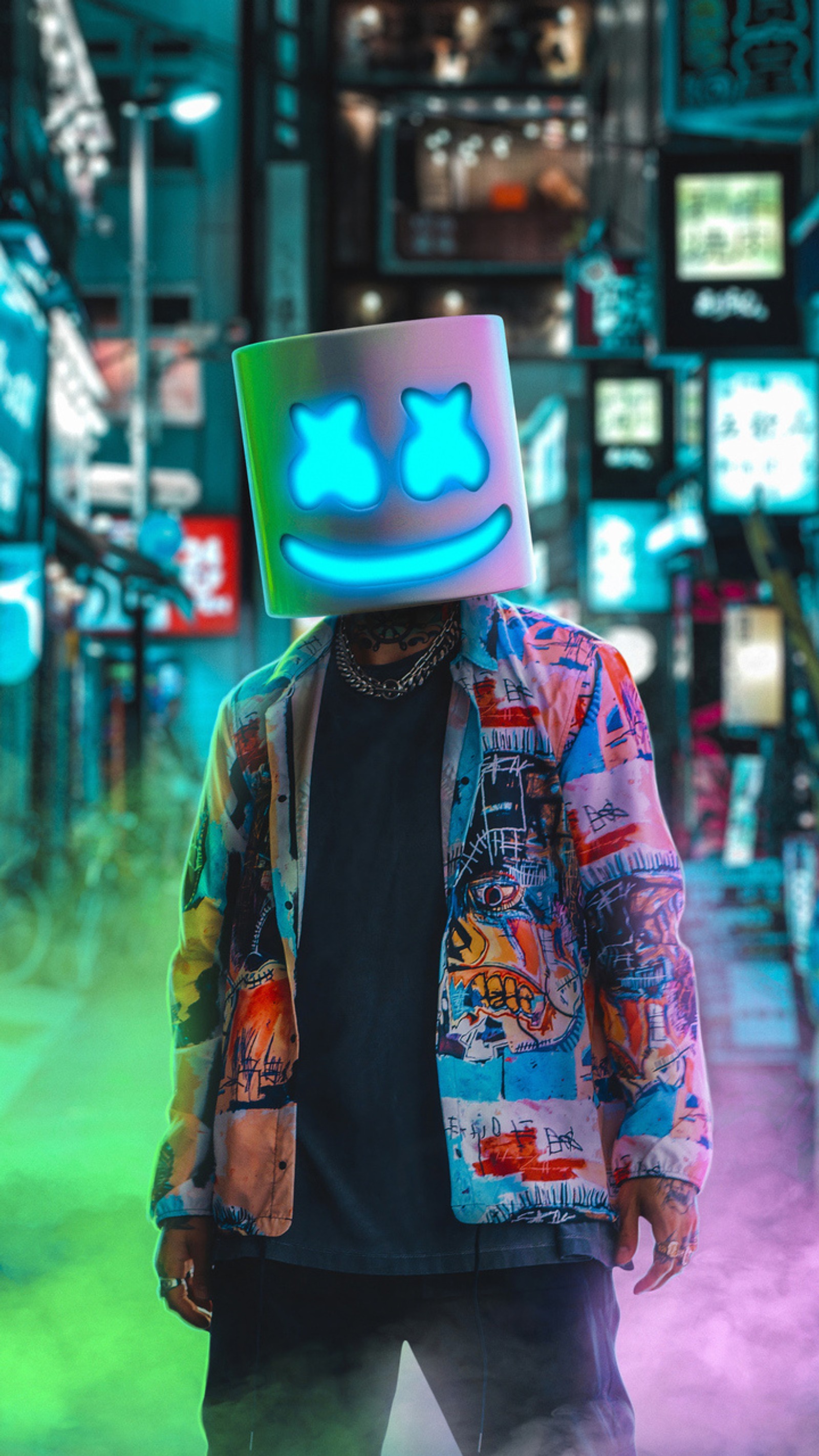 Скачать обои marshmello, неон