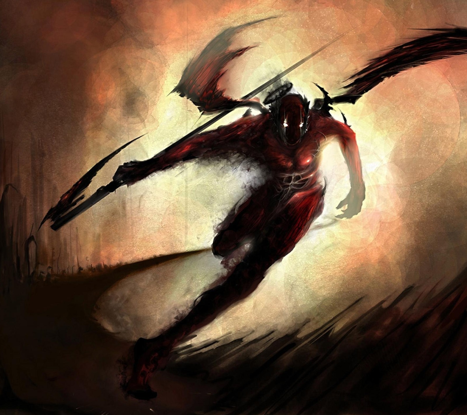 A painting of a demon with a large knife in his hand (angel, warrior)