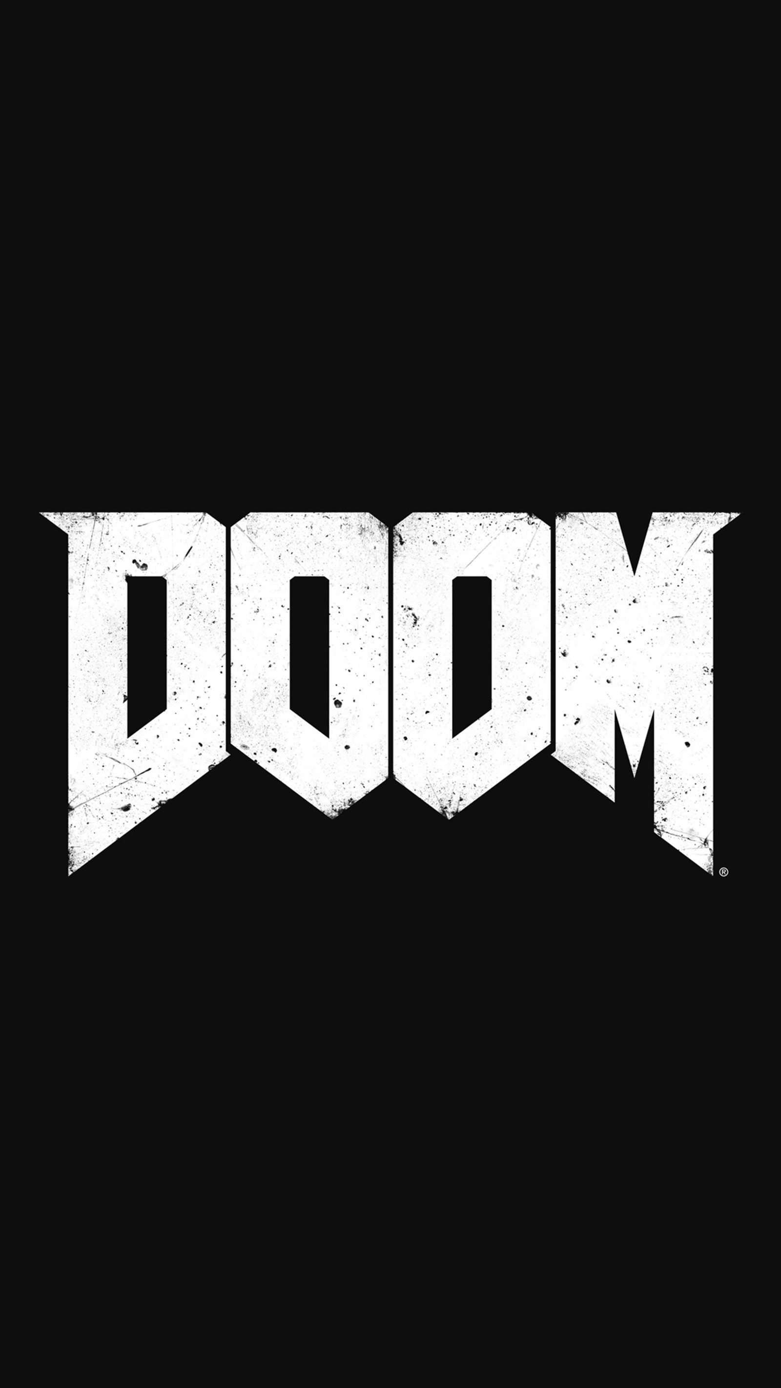 Черно-белый логотип со словом doom (дум, doom2016, fps, игра)