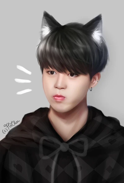 Cute drawing of Jimin from BTS with cat ears and a playful expression.