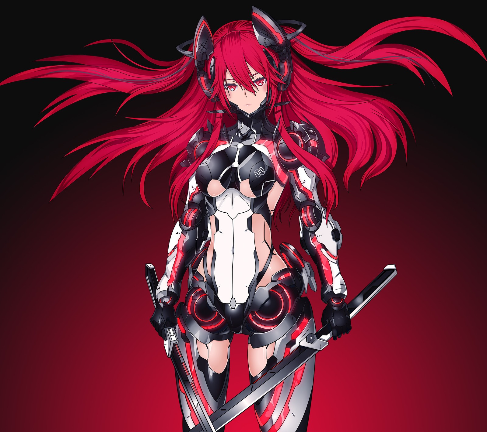 Anime girl with red hair and sword in black and red outfit (girl, katana, mecha, red, warrior)