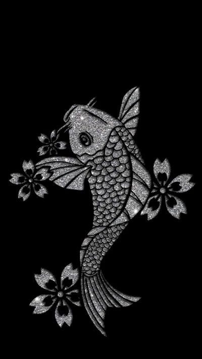 argent, noir, papier peint noir, poisson, fleur