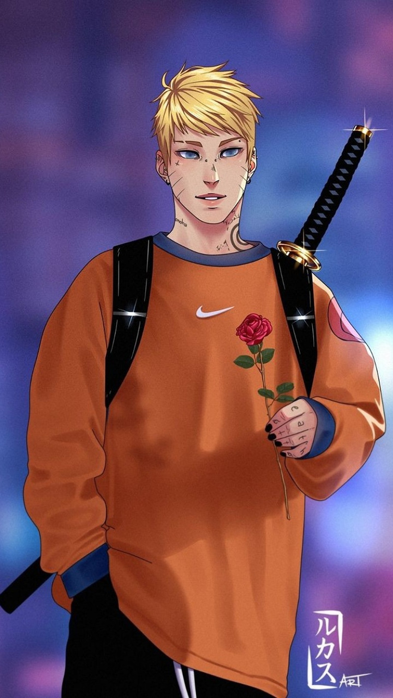 Nahaufnahme einer person, die eine blume und ein schwert hält (naruto, ninja, normal, uzumaki)