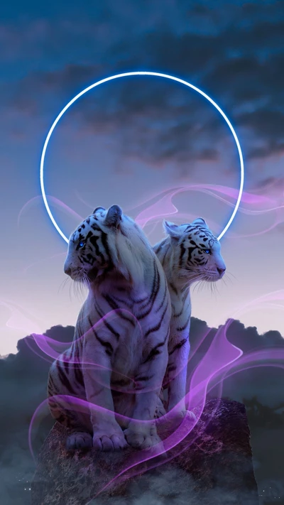 Majestic White Tigers with Ethereal Glow