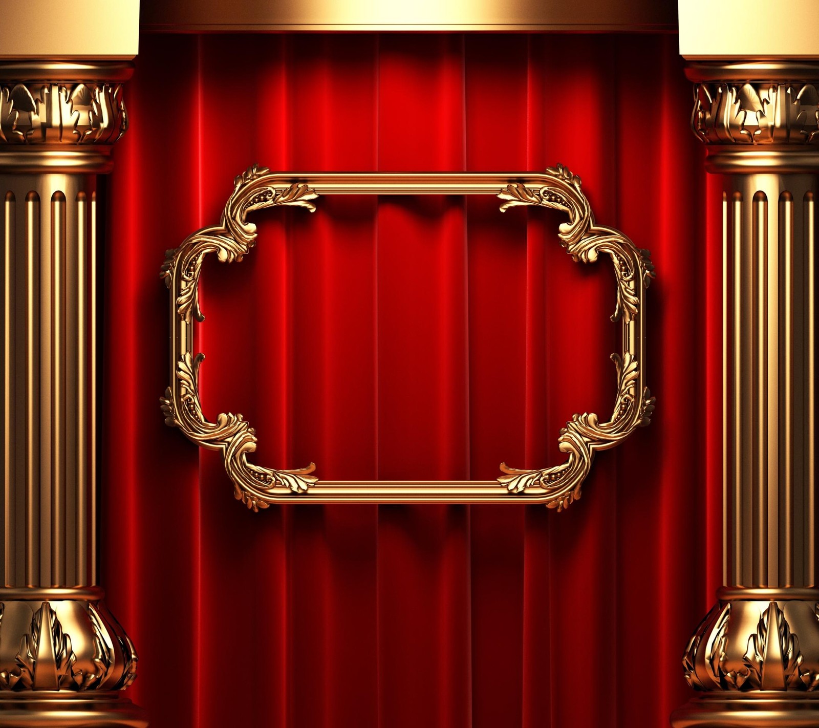 A golden frame on a red curtain with gold columns (ni, ys)