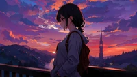 anime girls, smoking, sunset wallpaper