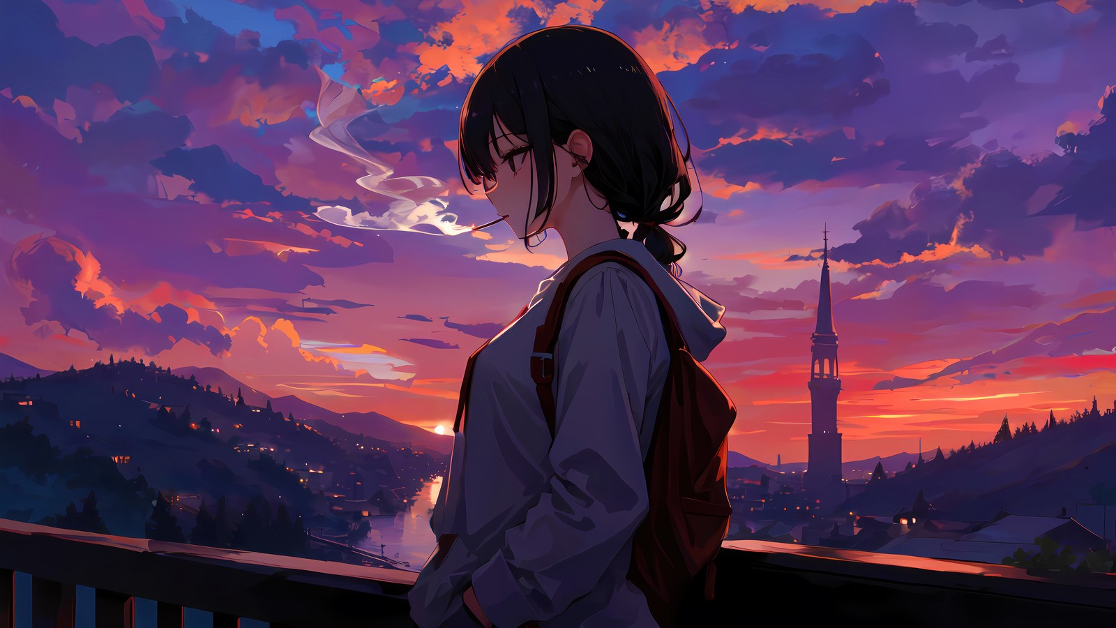 Anime, garota, pôr do sol, cidade, céu, nuvens, montanhas, castelo (meninas de anime, fumar, por do sol)