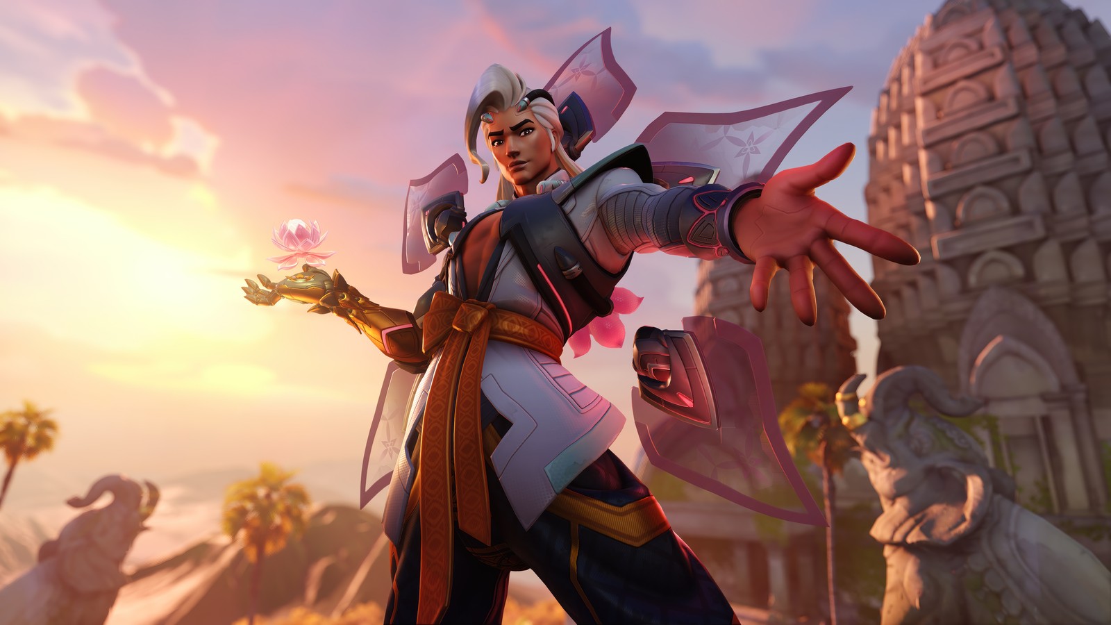 A woman in a white outfit holding a pink flower in front of a building (lifeweaver, overwatch 2, video game, overwatch)