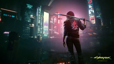 V femenina en Cyberpunk 2077: chaqueta samurái y katana contra un paisaje urbano de neón