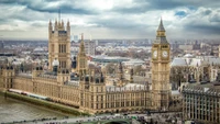 Blick auf Big Ben und den Palace of Westminster, der über die Themse in einer pulsierenden städtischen Landschaft blickt.