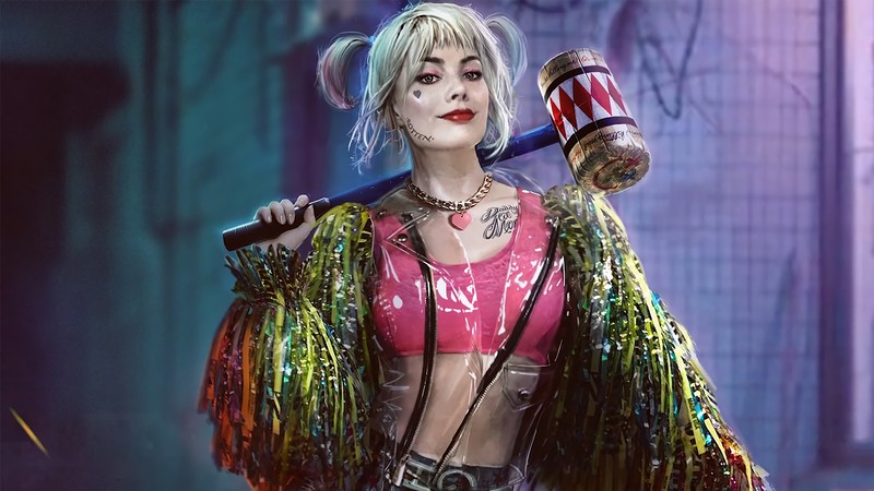 Женщина в розовом наряде, держащая биту и банку (harley quinn, птицы хищники, 2020, фильм)