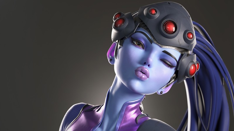 Крупный план женщины в шлеме на голове (вдова, widowmaker, overwatch, видеоигра)