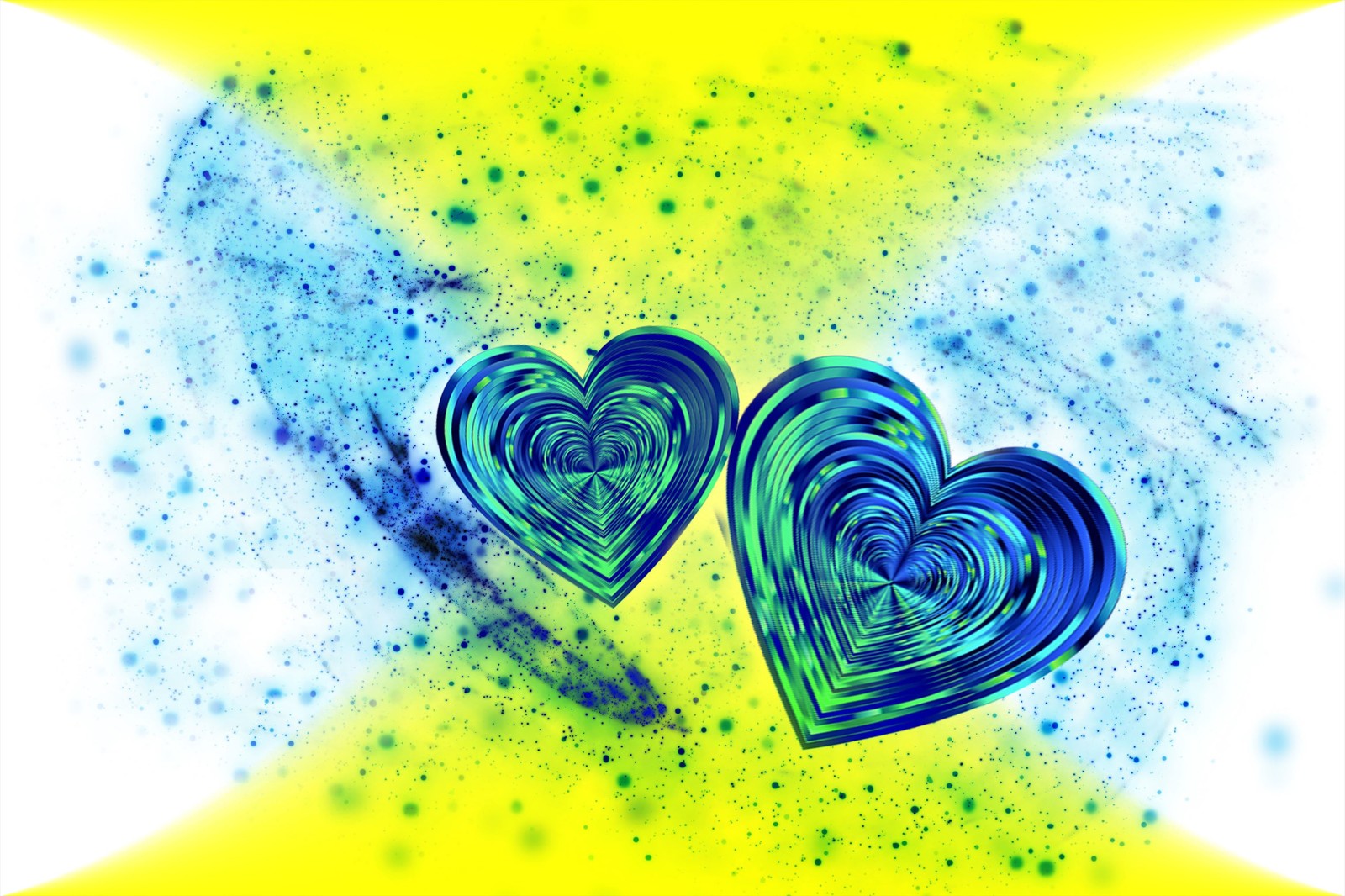 Two blue hearts are on a yellow background with a blue background (abstract art, heart, love, graphic design, graphics)