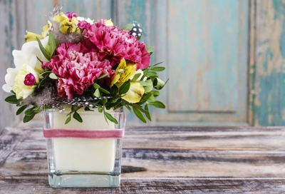 Vibrant bouquet featuring pink lilies of the Incas and colorful blooms in a modern glass vase, perfect for floral design or as a thoughtful gift.