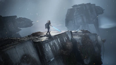 Кал Кестис исследует разрушенный ландшафт в Star Wars Jedi: Fallen Order