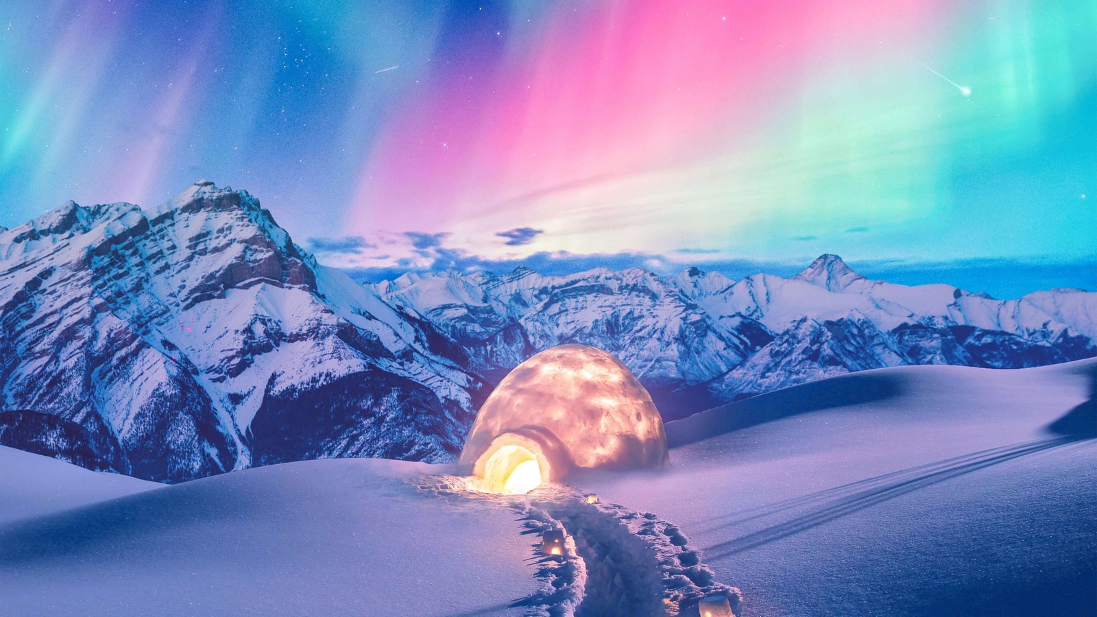 A snow covered mountain with a tent and aurora lights (beautiful, colorful, sky, igloo, aurora borealis)