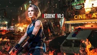 Jill Valentine in the fiery chaos of Resident Evil 3 Remake.