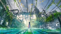 Une fille se tient au milieu de paysages urbains envahis, entourée de bâtiments imposants et de verdure vibrante, capturant un mélange de nature et de vie urbaine dans une scène inspirée de l'anime.