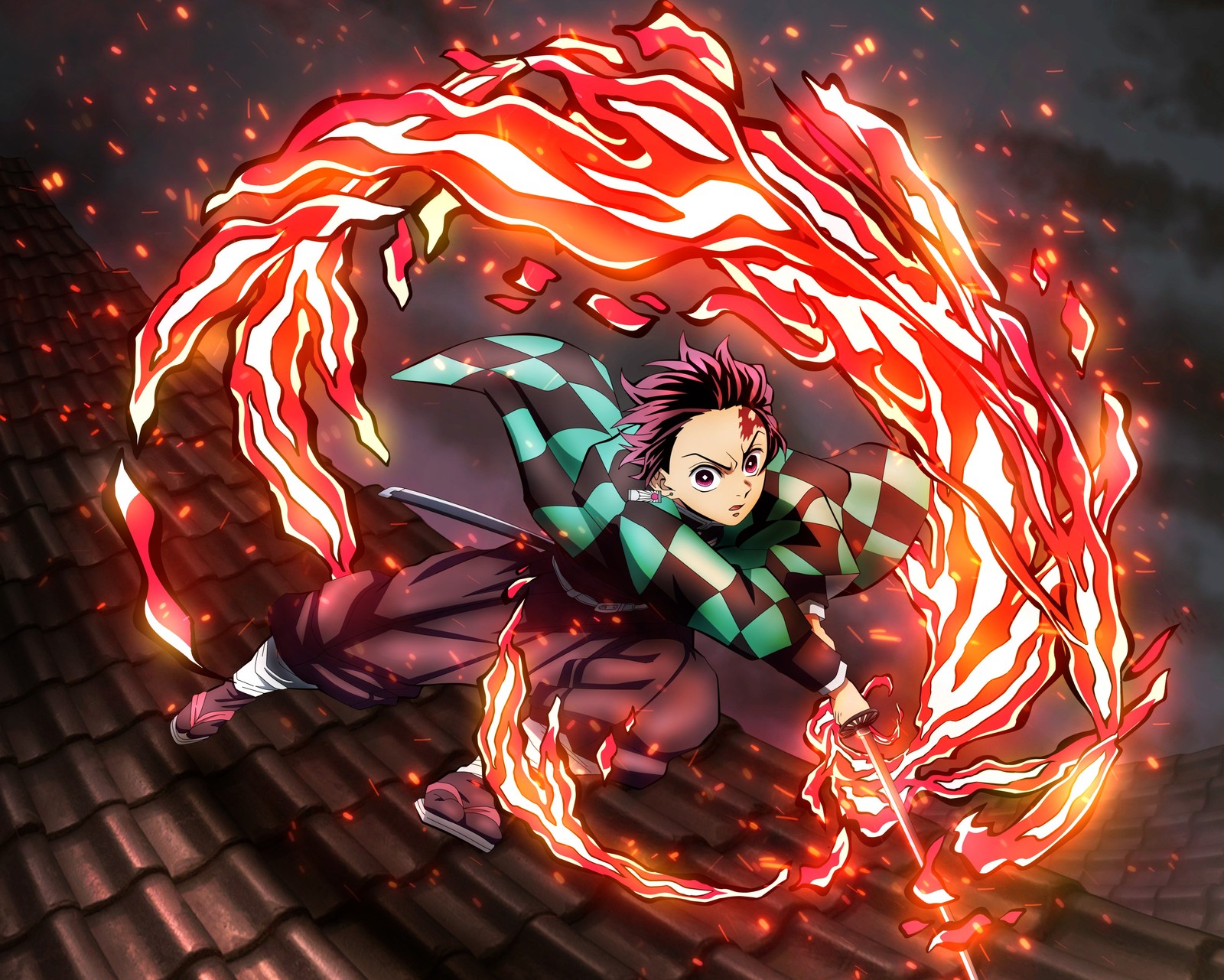 Baixar papel de parede tanjiro kamado, hinokami kagura, assassino de demônios kimetsu no yaiba, demon slayer kimetsu no yaiba, dança do deus do fogo