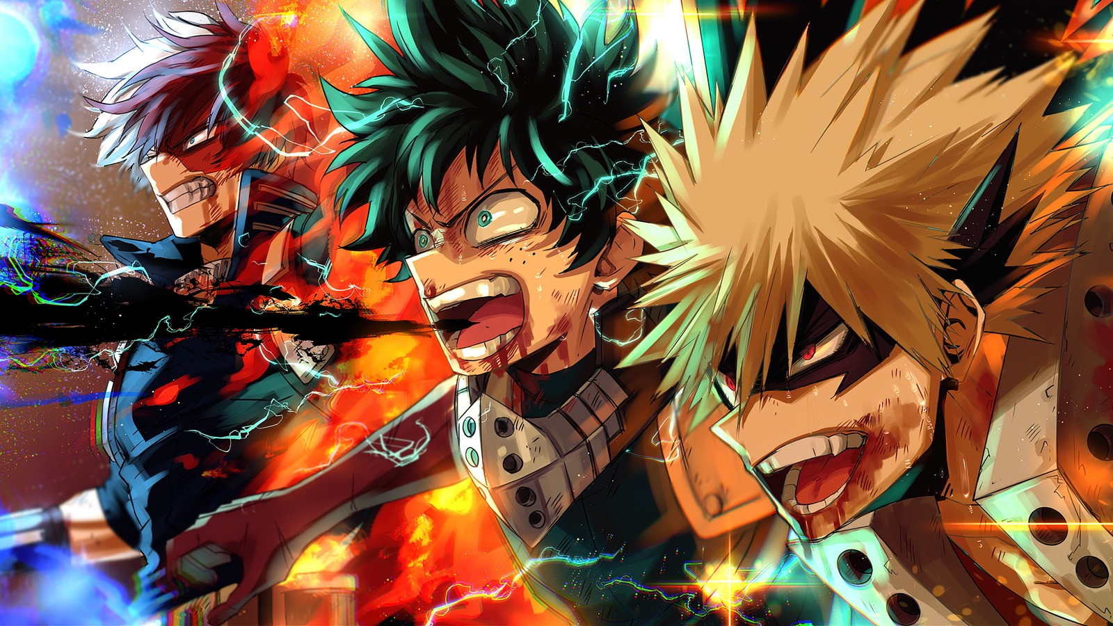 Um grupo de personagens de anime com seus rostos em chamas (katsuki bakugo, izuku midoriya, deku, shoto todoroki, my hero academia)