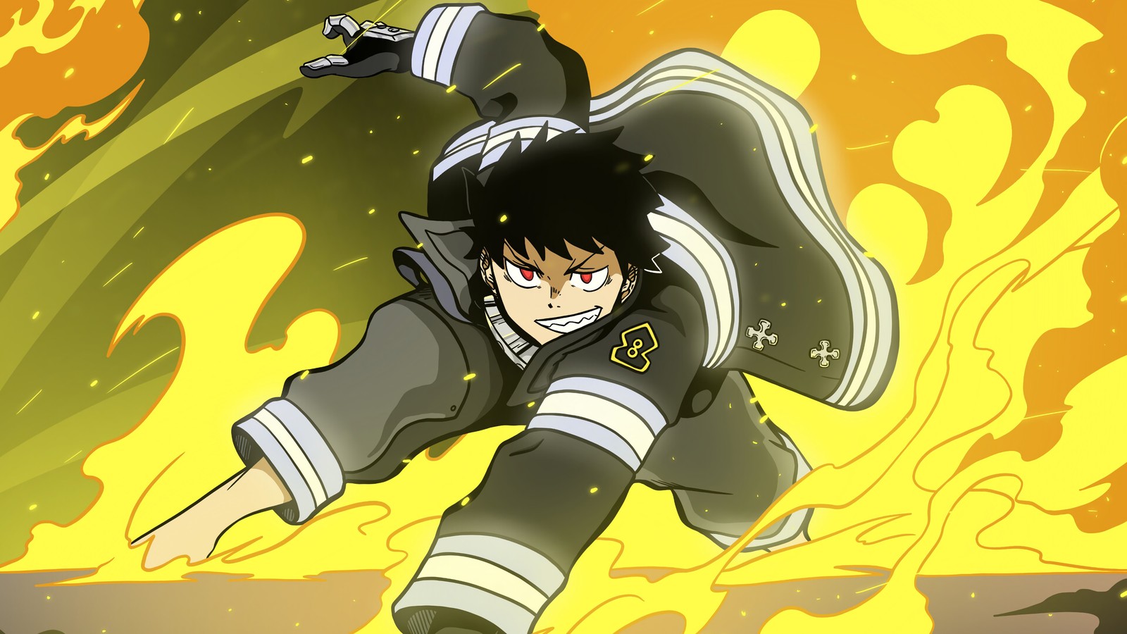 Персонаж аниме в огнеупорном костюме, летящий в воздухе (fire force, аниме, anime, огненная бригада, enen no shouboutai)