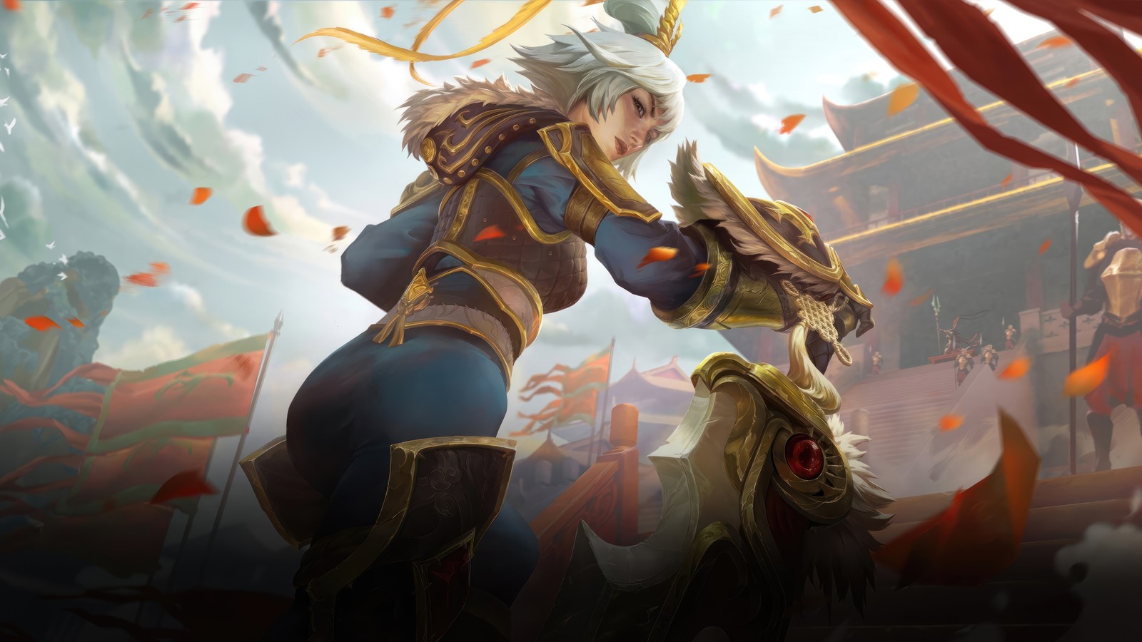 A woman in a blue outfit holding a sword and a sword (riven, dragonblade, golden, chroma, league of legends)