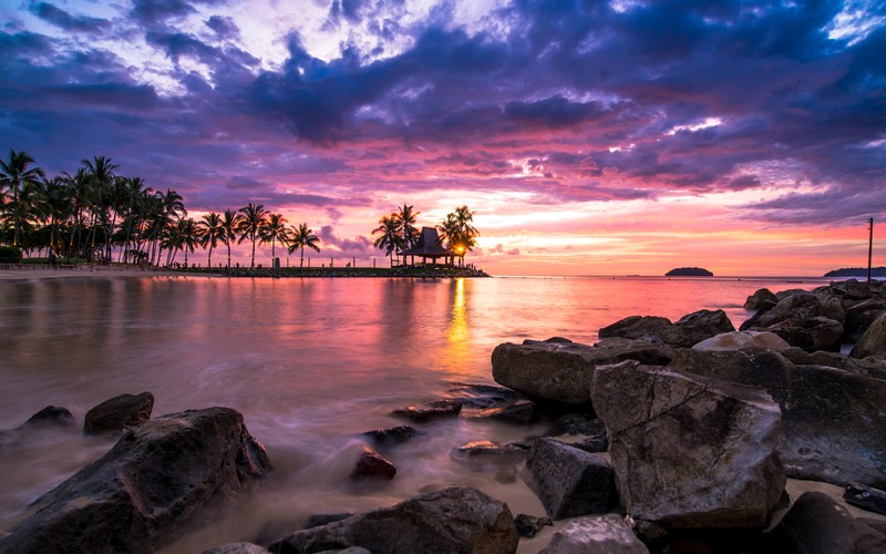 Вид на пляж с камнями и пальмами на закате (tanjung aru resort, кота кинабалу, kota kinabalu, малайзия, закат)