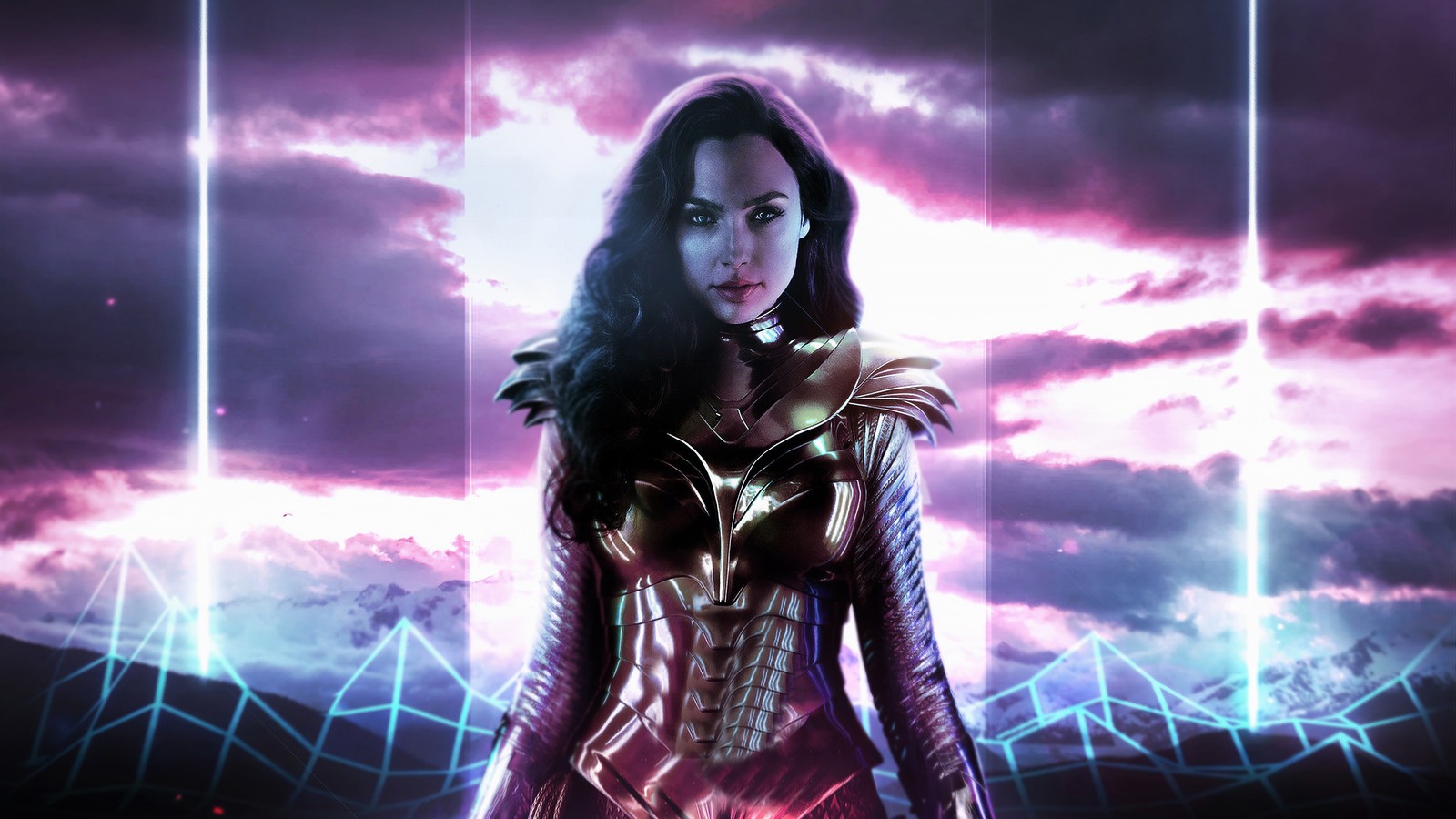 Wonder woman standing in front of a purple sky (gal gadot, wonder woman, purple, violet, digital compositing)