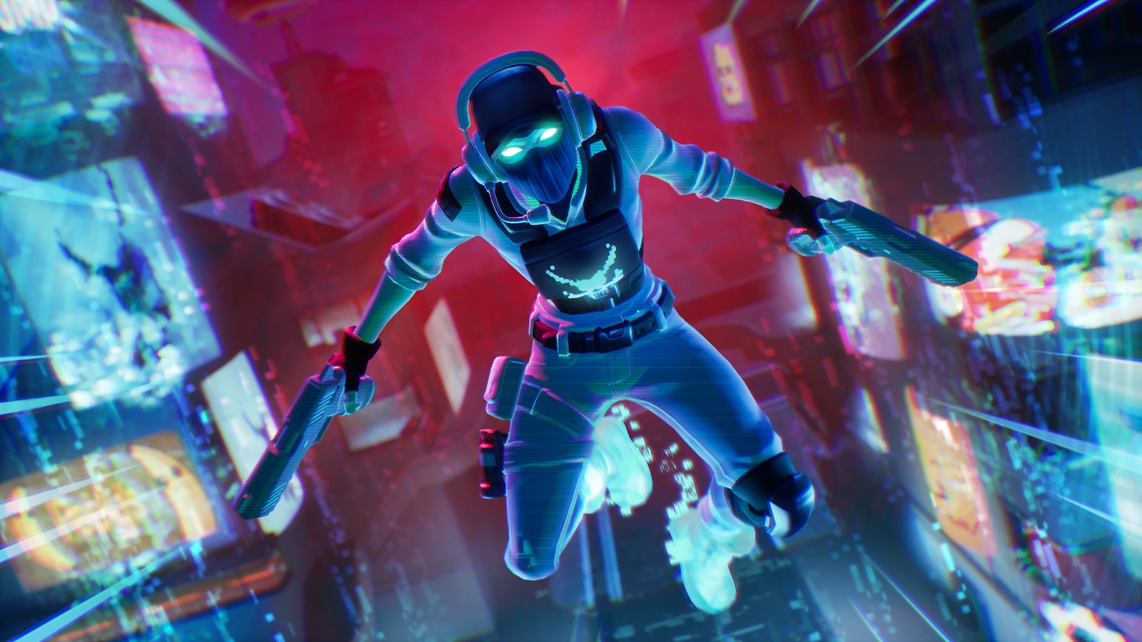 Ein mann in einem futuristischen anzug fliegt durch die luft (fortnite, fortnite battle royale, videospiel, breakpoint)