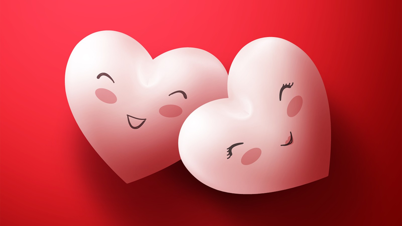 Two hearts with faces on a red background (heart, valentines day, love, pink, close up)