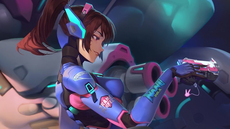 Крупный план человека, держащего пистолет в комнате (dva, overwatch 2, видеоигра, искусство)