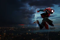 Spider-Man se eleva a través de un cielo tronador: una obra de arte digital dinámica