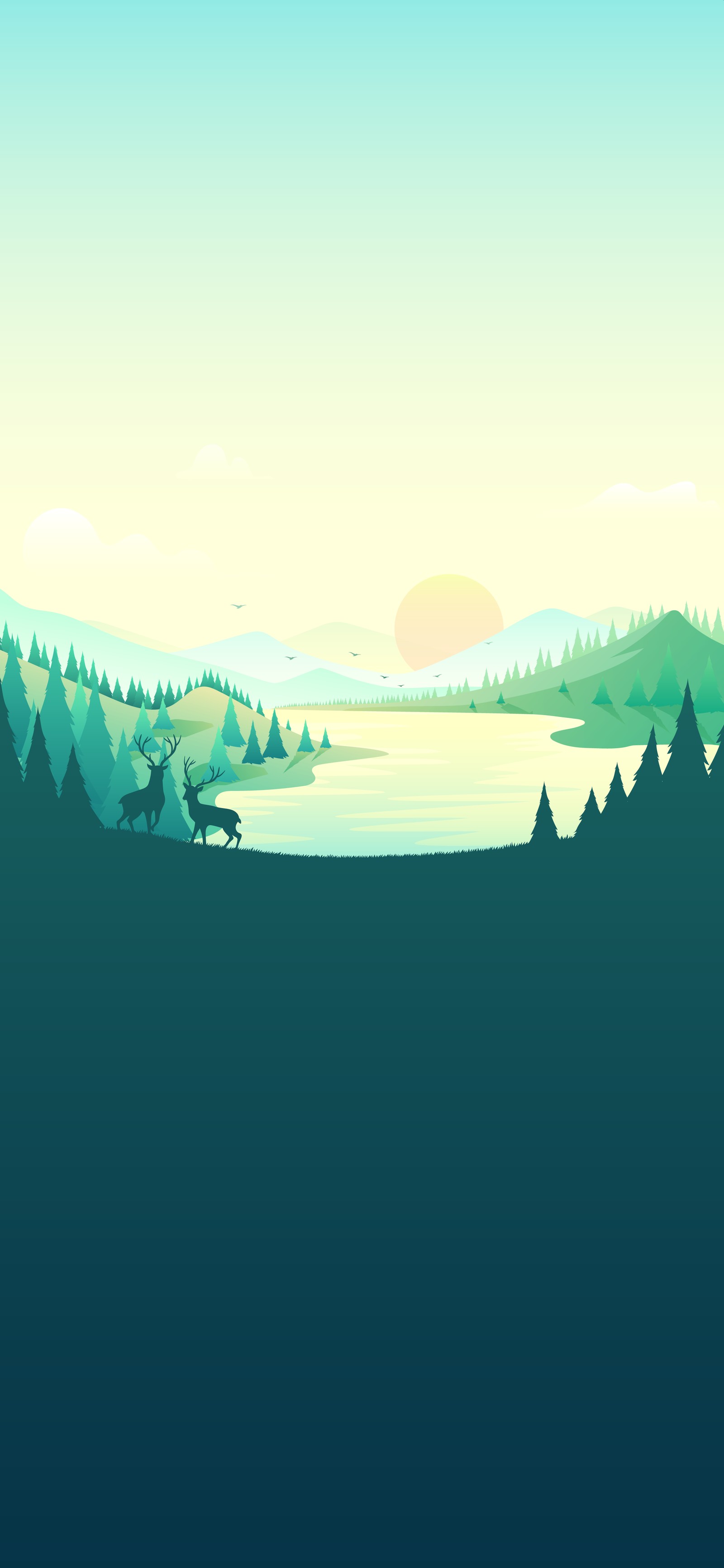 A cartoon style illustration of a mountain lake with a deer running in the distance (natural landscape, highland, mountain, paint, grass)