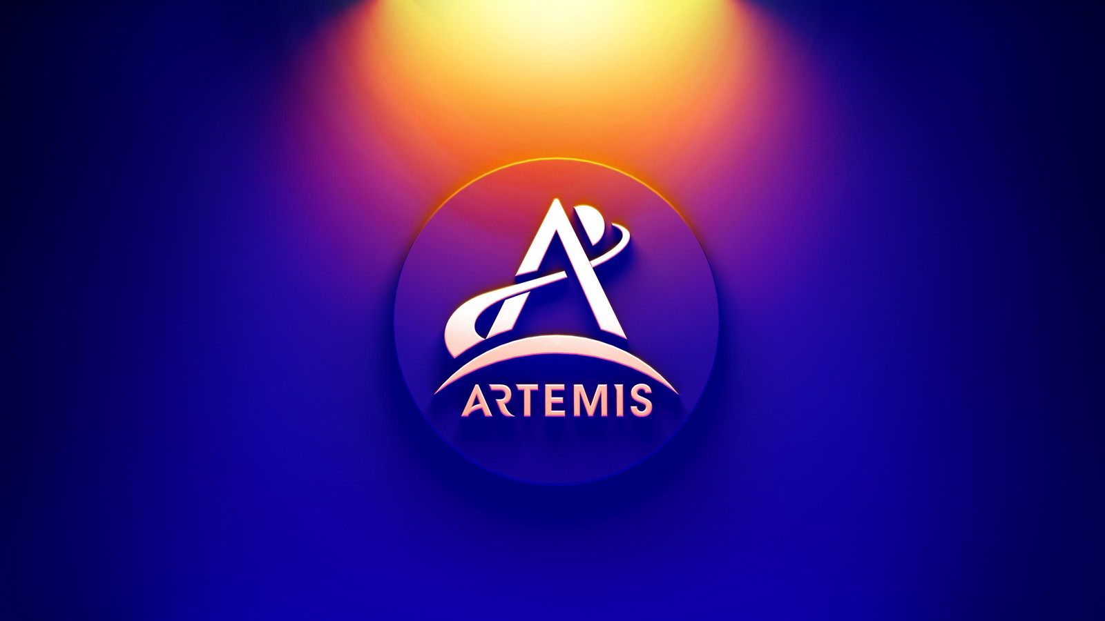 Un logo azul y naranja con una luz brillando sobre él (nasa artemis, fondo degradado, 5k, espacio, fondo de pantalla 4k)