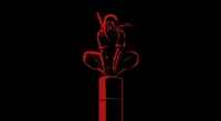 Itachi Uchiha in a striking minimalist silhouette against a black background, poised on a pillar with a samurai sword, embodying the essence of a ninja.