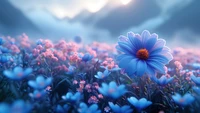 blue, flower, field, digital art wallpaper