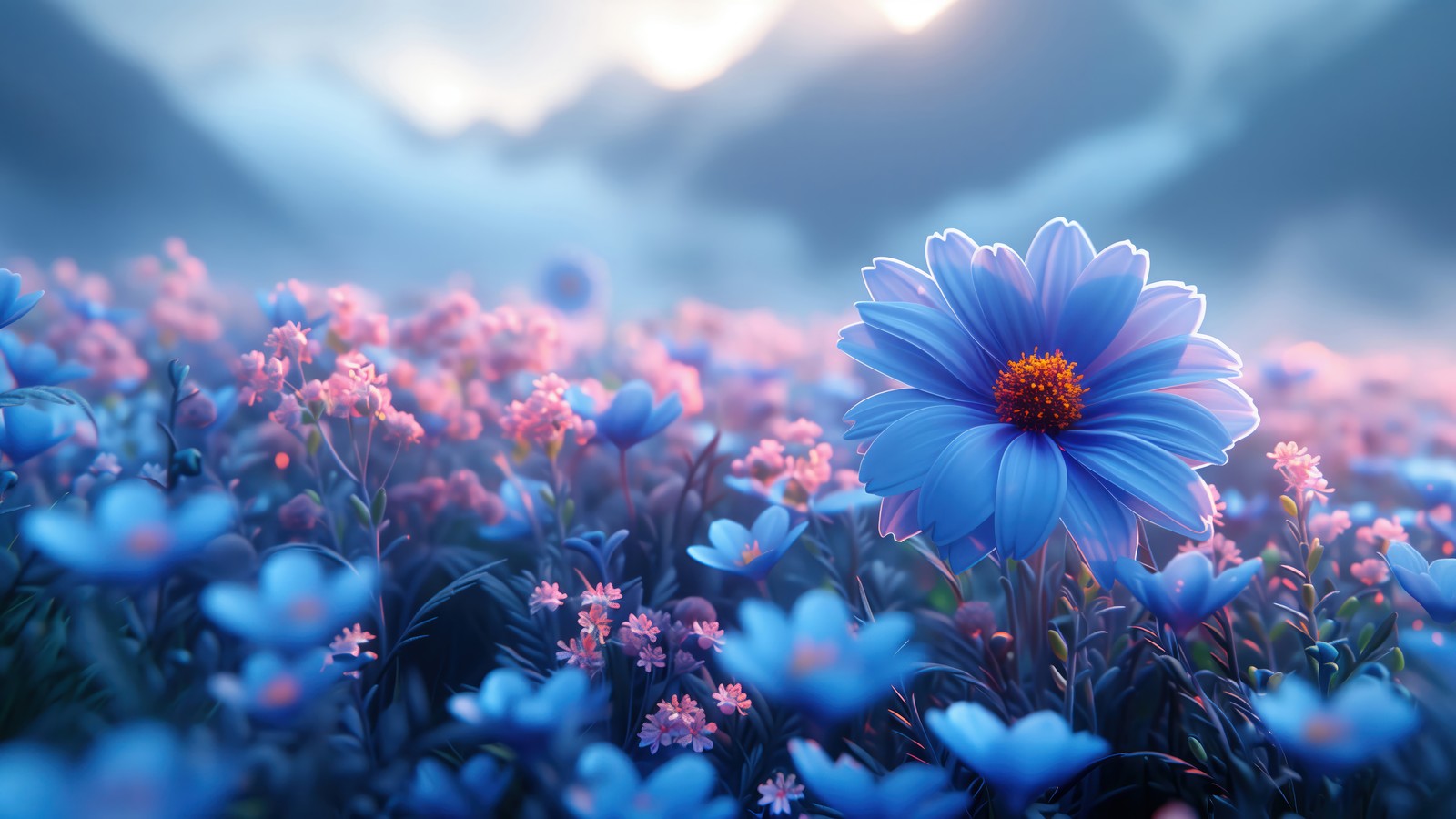 blue, flower, field, digital art wallpaper