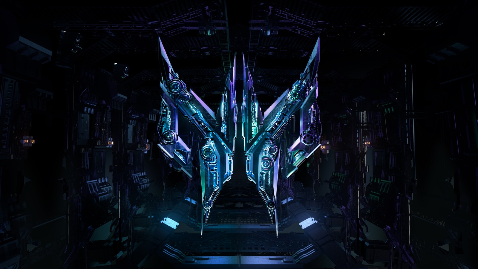 Un primer plano de una nave espacial futurista en una habitación oscura (acer predator, neón, logotipo, nave espacial, estética oscura)