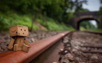 Danbo the Cardboard Robot Sitting on Train Tracks